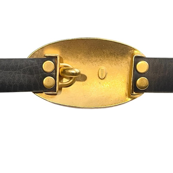 Black Leather Statement Belt Matte Gold Round Buckle Artsy Maximalist Size S/M main image 12